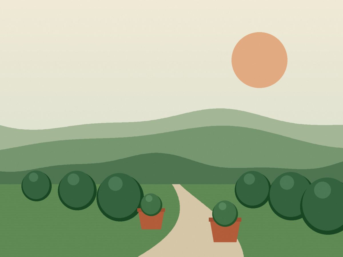 Illustration of a garden path between round clipped shrubs and two potted plants, with green hills behind